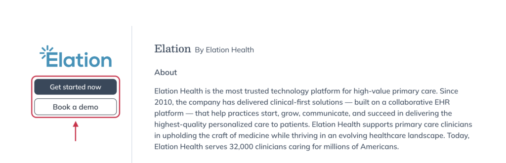 EHR integration details page in Fullscript with the Get started now and Book a demo buttons.